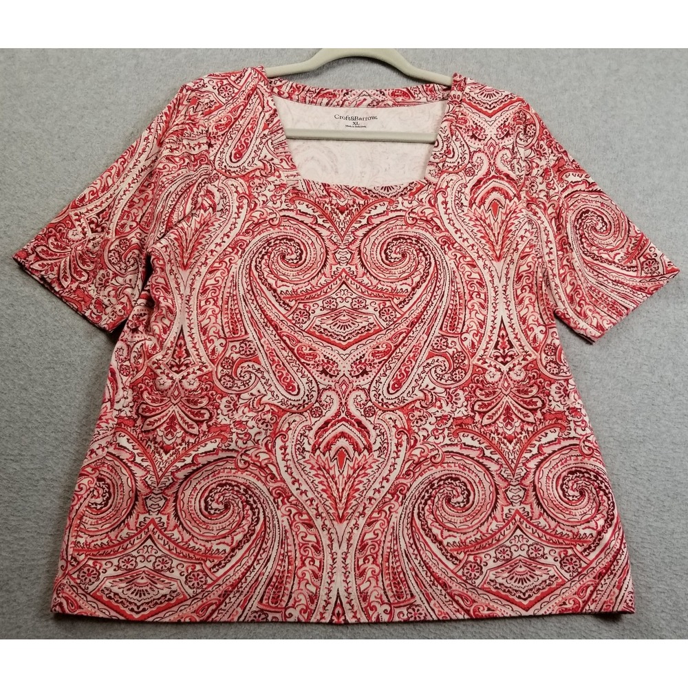 Croft & Barrow Top Women's Extra Large XL Red Pink Paisley Scrolls Short Sleeves